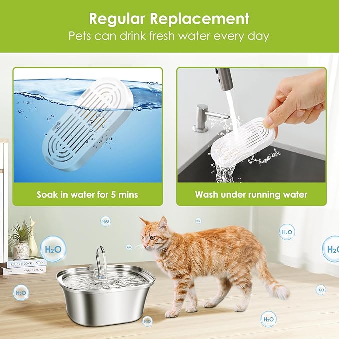 6 Pack Replacement Cat Fountain Filters & Replacement Sponges for Stainless Steel Pet Fountain with Water Level Window, Fountain Carbon Filters for Dog Water Dispenser Bowl
