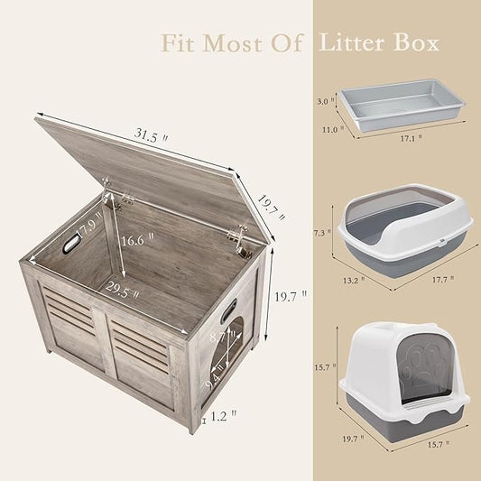 DINZI LVJ Litter Box Enclosure, Flip Top Litter Box Furniture, Hidden Cat Washroom, Wooden Cat House, End Table, 31.5" L x 19.7" W x 19.7" H, Good Ventilation, Easy to Assemble, Greige