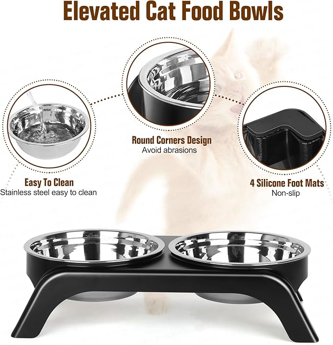 Elevated Cat Bowls - Anti-Vomiting Raised Food Bowl Set With 2 Stainless Steel Bowls, Prevents Neck Pain, ABS Anti-Slip Stand for Indoor Cats & Puppies (Black)