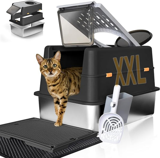 Stainless Steel Litter Box with Lid, XXL Extra Large Metal Cat Litter Boxes for Big Cats Enclosed, Easy to Scoop with Litter Scoop Set, High Sides Enclosure Anti-Urine Leakage Non-Sticky, Black