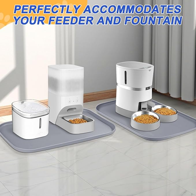 Silicone Pet Feeding Mat with Raised Edge for Food and Water, Dog Bowl Mats, Cat Bowls Placemat with High Lip for Floor Waterproof, Rubber Tray for Cats and Dogs 19 x 12 x0.7 Light Gray