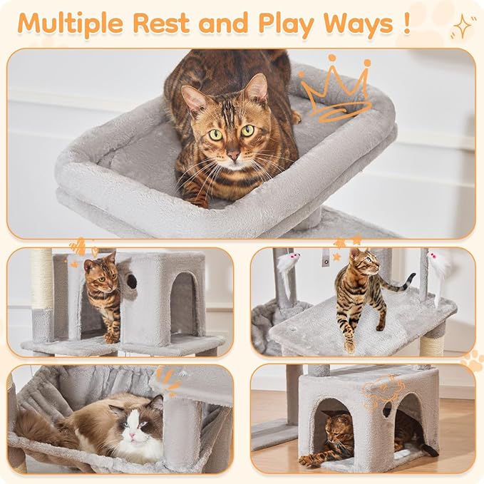 Taoqimiao 71 Inches Cat Tree for Indoor Cats Large Adult, Multi-Level Tall Cat Tower, 2 Cat Condo with 6 Scratching Posts, Super Large Hammcock, Cat Toys, Cozy Basket, Light Gray, MS037W