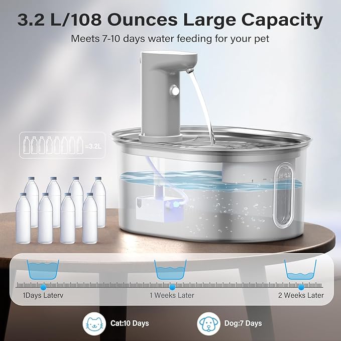 Wireless Cat Water Fountain Stainless Steel, 108oz/3.2L Cat Fountain Battery Operated, Cordless Water Fountains for Cats Indoor Drinking with Motion Sensor,Pet Water Dispenser with 3Filters + 3Sponge