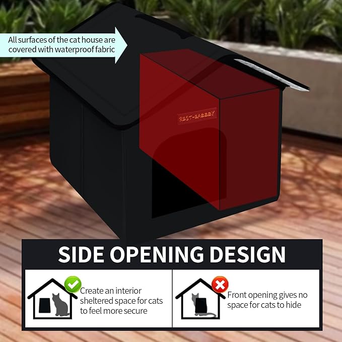 Rest-Eazzzy Cat House for Outdoor Cats, Weatherproof and Insulated Feral Cat House with Mat and Canopy, Easy to Put Together, Selfwarming Cat Shelter for Winter(13 * 13 * 14" Black with Support)
