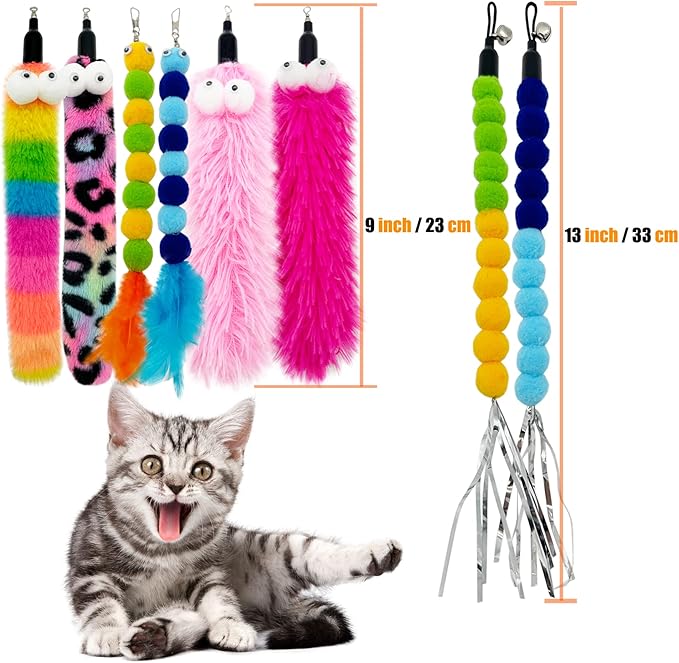 Cat Wand Replacement Worm Cat Toys, 8 Pieces Cat Wand Attachments Assorted Worms Feather Refill Toy for Indoor Cats
