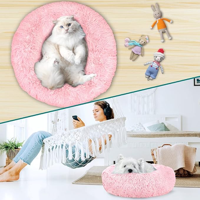 PetAmi Calming Dog Bed for Small Medium Dog Cat, Round Donut Dog Bed Washable, Fluffy Faux Fur Plush Cuddler Pet Kitten Cushion Bed, Anti-Slip, Fits up to 45 lbs, 30 inch, Pink