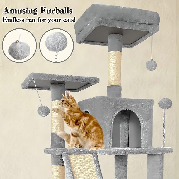 70" Cat Tree Tower for Indoor Cats, Multi-Level Cat Tower Condo with Sisal Scratching Post (Light Gray)