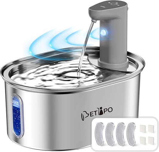 Cat Water Fountain Wireless Cordless with 4 Filters, Stainless Steel Pet Water Fountain with Auto Shut Off Pump, Battery Operated Cat Fountain Rechargeable Water Fountains for Cats Dogs - 3.2L/108oz