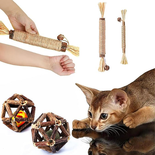 Cat Chew Toys, 4-Pack Silver Vine Cat Toys, Natural Silver Vine Sticks for Cats, Natural Silver Vine Stick Cage Cat Bell Balls for Cleaning Teeth, Increase Appetite, Suitable for Indoor Cats