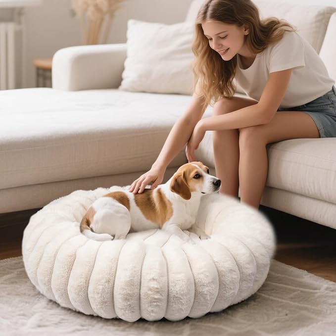 Calming Donut Dog Cat Bed, Anti-Anxiety Fluffy Warm Cozy Round Puppy Bed, Fuzzy Comfort Plush Pet Beds for Small Medium Dogs & Cats (20"/23"/28"/30"/36")