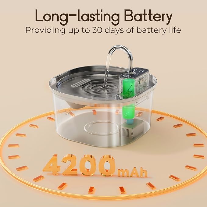 Voluas Stainless Steel Cat Water Fountain-Wireless Pet Water Fountain Battery Operated,108oz/3.2L, Automatic Water Dispenser for Dogs with Quiet Pump,Easy Clean BPA-Free for Cats, Dogs, Multiple Pets