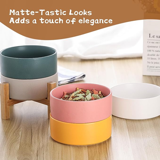 Raised Ceramic Cat Bowl - Cat Food Bowl with Bamboo Stand - Elevated Dog Food Dish for Puppies - Comfort Eating - 13.5 oz - 400 ml - Green