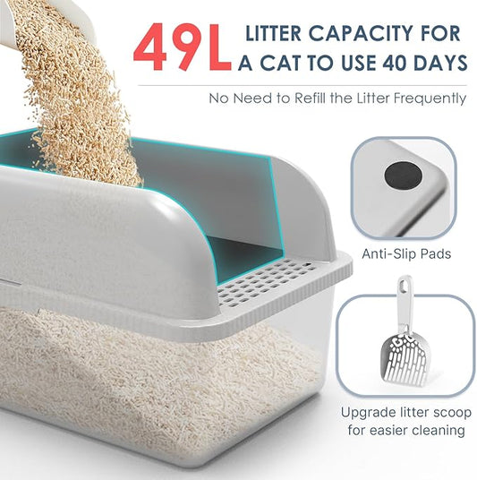8" Deep Stainless Steel Cat Litter Tray with Lid Extra Large Litter Box for Big Cats XL Metal Litter Box Pan with High Wall Sides Enclosure, Non-Sticky, Anti-Leakage, Easy Cleaning