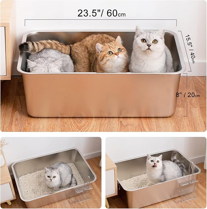 IKITCHEN Stainless Steel Cat Litter Box, Large Metal Litter Box for Cats, Never Absorbs Odors,Stain Free, Rustproof, Non Stick Smooth Surface, Anti-Slip Rubber Bottom, 23.5" L x 15.5" W x 8" H
