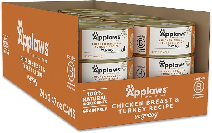 Applaws Natural Wet Cat Food in Gravy, Limited Ingredient Canned Cat Food, Wet Food for Cats with No Artificial Additives, Chicken Breast & Turkey in Gravy (24 x 2.47 oz Cans)