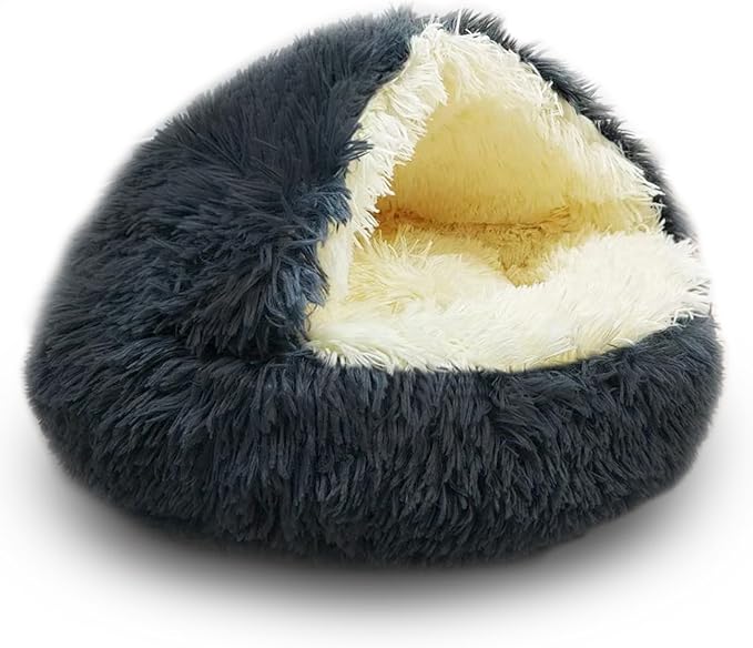 ShinHye Cat Bed Round Plush Fluffy Hooded Cat Bed Cave, Cozy for Indoor Cats or Small Dog beds, Soothing Pet Beds Doughnut Calm Anti-nxiety Dog Bed - Waterproof Bottom Washable (23×23inch, Dark Grey)