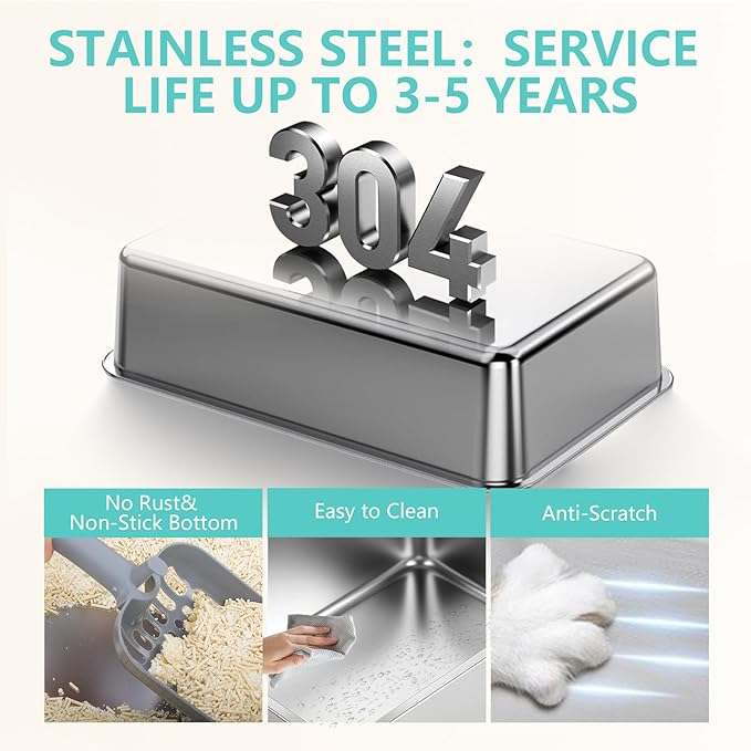 XL Stainless Steel Litter Box with Lid - 23.7"×15.7"×10.6" High Sided Metal Tray for Big/Multi-Cats, Anti-Leak Easy Clean Scoop & Foot Mat (Blue)