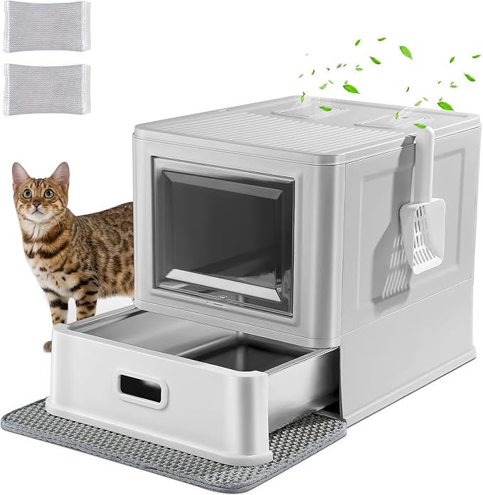 Marchul Enclosed Stainless Steel Cat Litter Box with Lid & Drawer Design for Indoor All Lifestyles Cats, Metal Covered Cat Litter Box, Baffles for Anti-Leakag, with Litter Scoop & Litter Mat