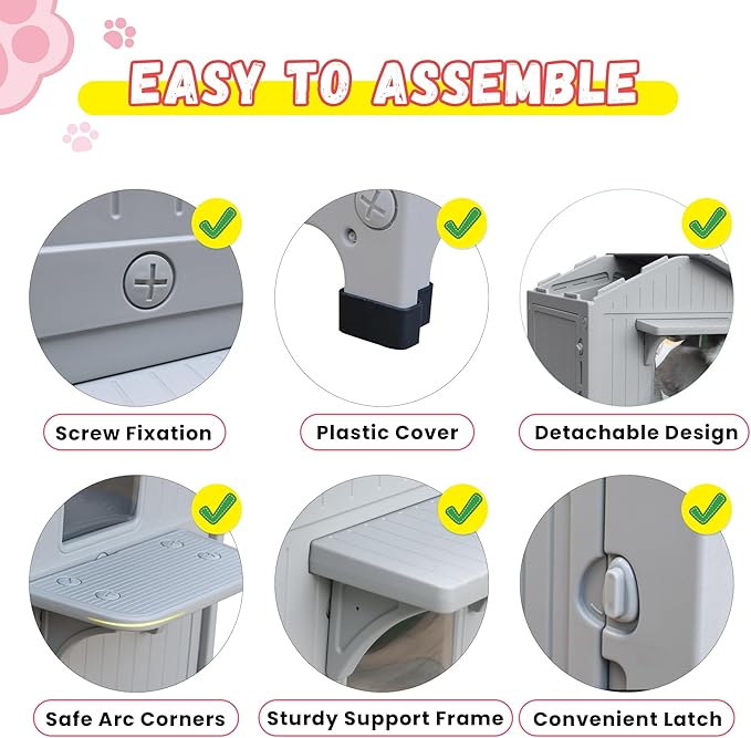 Waterproof Cat House for Outdoor Cats, Plastic 2 Story Insulated Outdoor Cat House with Soft Mat & Escape Door, Sturdy Cat Houses for Outdoor Cats, Easy to Clean-Grey