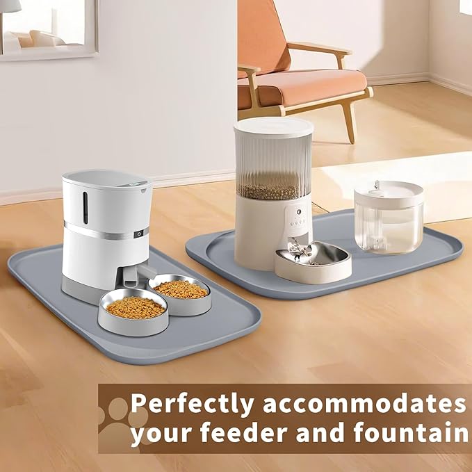 Silicone Pet Feeding Mat with Raised Edge & Residue Collection Pocket for Food and Water, Dog Bowl Mats, Cat Bowls Placemat with High Lip for Floor Waterproof, 19 x 12 x 0.7 Light Gray