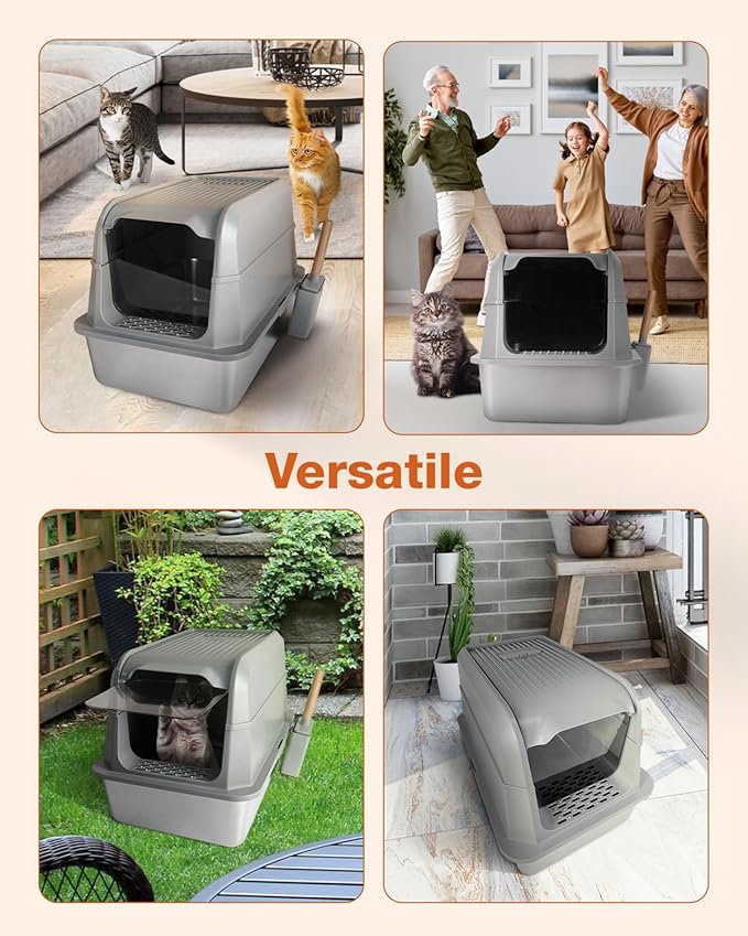 Stainless Steel Litter Box with Lid - Extra Large Cat Litter Boxes for Big Cats with Mat & Scoop - Anti-Leakage, Odor-Proof, High-Sided, Non-Stick& Easy to Clean - Ideal for Multi-Cat Homes - Gray