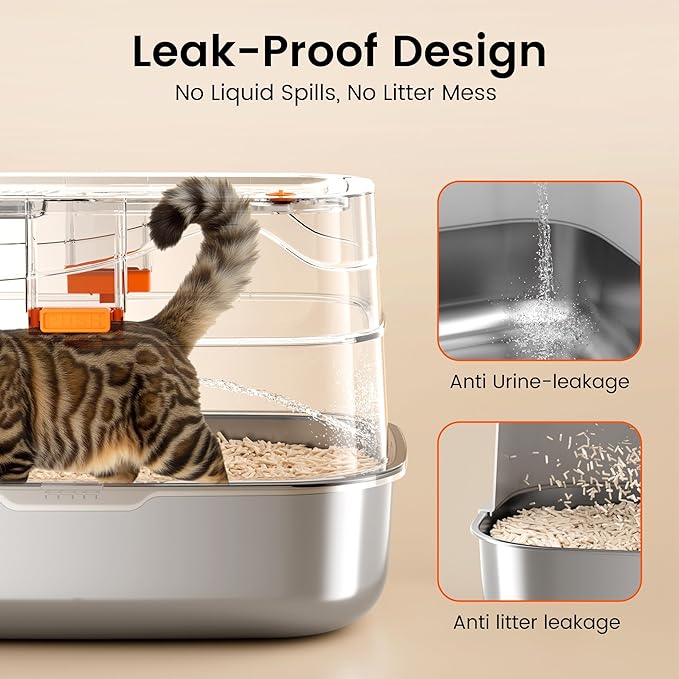 Extra-Large Stainless Steel Cat Litter Box with Lid, Dual Entry Design (Front & Top), Leak-Proof & Odor-Free, Easy to Clean Metal Kitty Litter Pan with Scoop & Filter Pedal