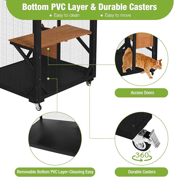GUTINNEEN Catio Outdoor Cat Enclosure on Wheels - Outside Kitty House with Upgraded Resting Box, PVC Layer, and Waterproof Roof - 71.9" Black