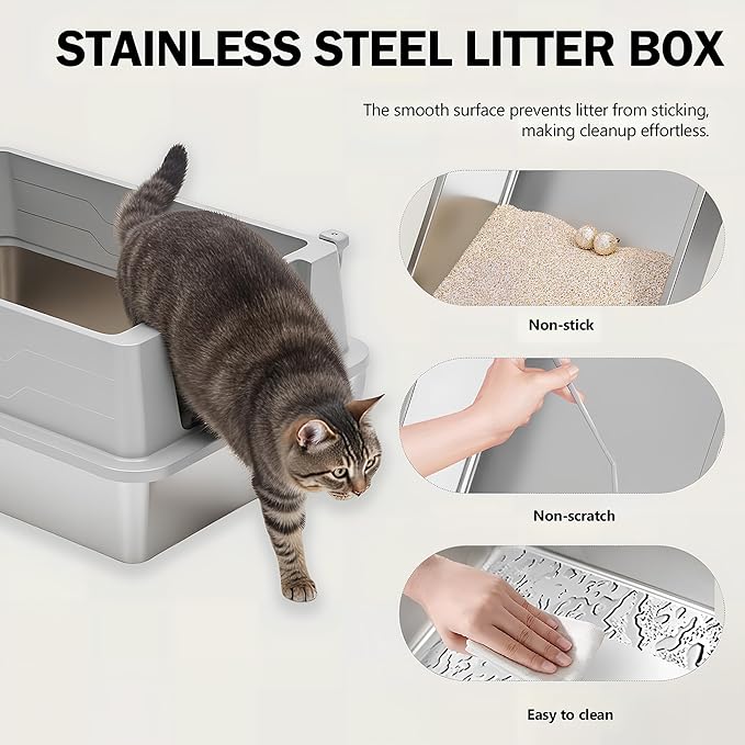 Extra Large Stainless Steel Litter Box with Lid, XXL XXXL Litter Box, Odor Control Enclosed Metal Litterbox for Big Cat, Kitty, Kittens, 28 x 20 x 12.5 inch, High Side, Easy Clean