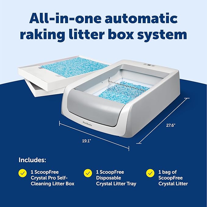 PetSafe ScoopFree Crystal Pro Self-Cleaning Automatic Litter Box - Uncovered Motion-Sensing Cat Box with Integrated Health Counter - Includes 1 Disposable Crystal Litter Tray