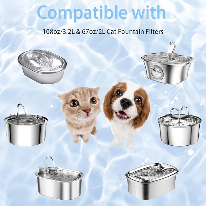 Cat Water Fountain Filters Replacement (16-Piece Pack) - 8 Filters + 8 Sponges + Cleaning Brush - Compatible with 3L (108oz) & 2L (67oz) Stainless Steel Pet Fountains