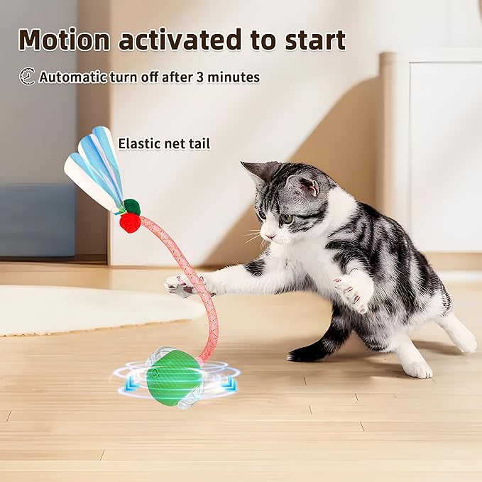 Interactive Cat Toy Ball for Indoor Cats, 2025 New Fast Self Rolling Ball Cat Toy on Carpet, Smart Interactive Automatic Cat Toy Ball for Gifts, Moving Cat Toy with Elastic Mesh Tail(Green)