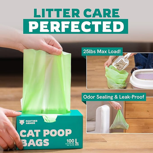 Panther Armor Poop Bags - 200x Cat Litter Bags for Poop - 13x9in Kitty Litter Unscented Leak Proof Cat Poop Bags - Litter Box Trash Bags - Odor Proof Cat Litter Disposal System