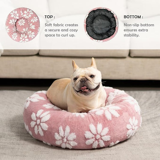 Donut Dog Beds for Small Dogs, Calming Round Cat Beds for Indoor Cats, Cute 3D Textured Flower Pet Bed with Removable Washable Cover and Anti-Slip Bottom(Pink,23")