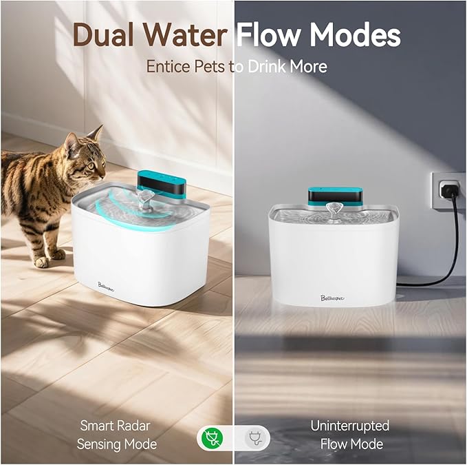 Cat Water Fountain, 122oz/3.6L Pumpless Cat Fountain, Cordless Water Fountains for Cats Indoor, Dog Pet Water Fountain Battery Operated with Stainless Steel Tray (White, Fountain+2 Fliters)