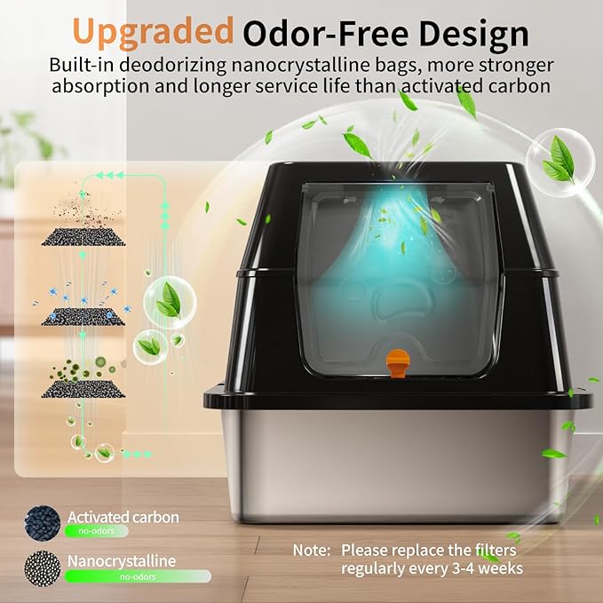 Stainless Steel Cat Litter Box with Lid, 180° Flip-Top XL Extra Large Enclosed Litter Box, Covered Metal High Sided Litter Pan with Steps & Scoop, Easy Cleaning, Odor Control,Non-Sticky-Black