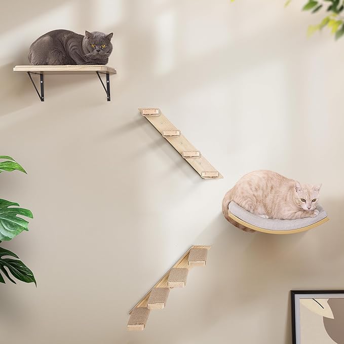 Wooden Cat Wall Steps Shelves Set, Wall Mounted Cats Shelves with Foam Cushion Bed, Flat Perch & 2 Four-Step Cat Ladders for Climbing