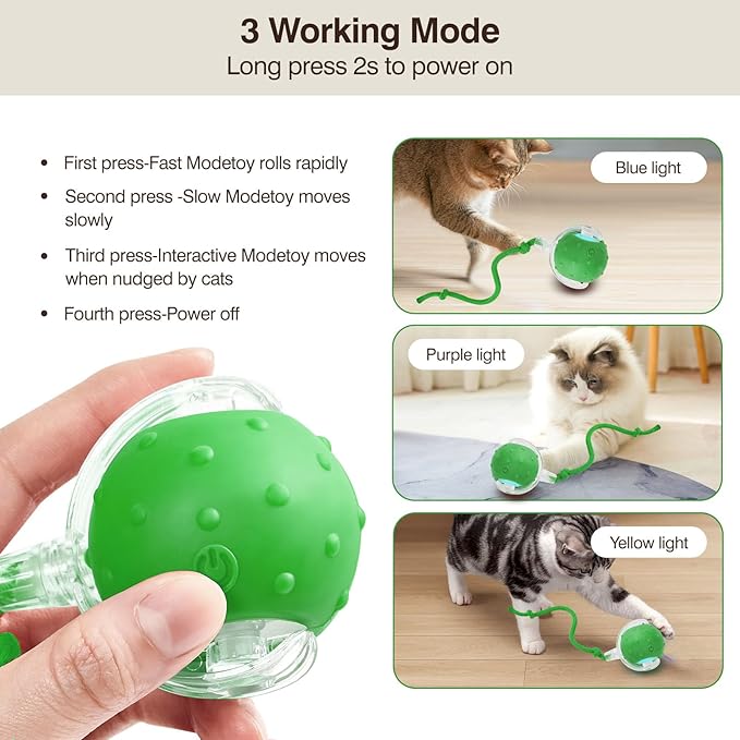 Electric Interactive Cat Toy Ball - Automatic Rolling Silicone Cat Toys for Indoor Cats, Durable Chew-Proof Motorized Kitty Ball with LED Light, Fun Exercise Toys for Bored Kittens(Green)