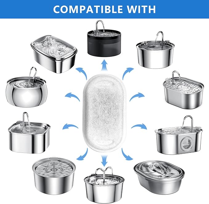 Cat Water Fountain Filters, 12 Pack Pet Replacement Filters with 12 Sponges for Stainless Steel 67oz/2L, 108oz/3.2L and 135oz/4.0L Faucet-Shaped Pet Water Fountain Dog Water Dispenser