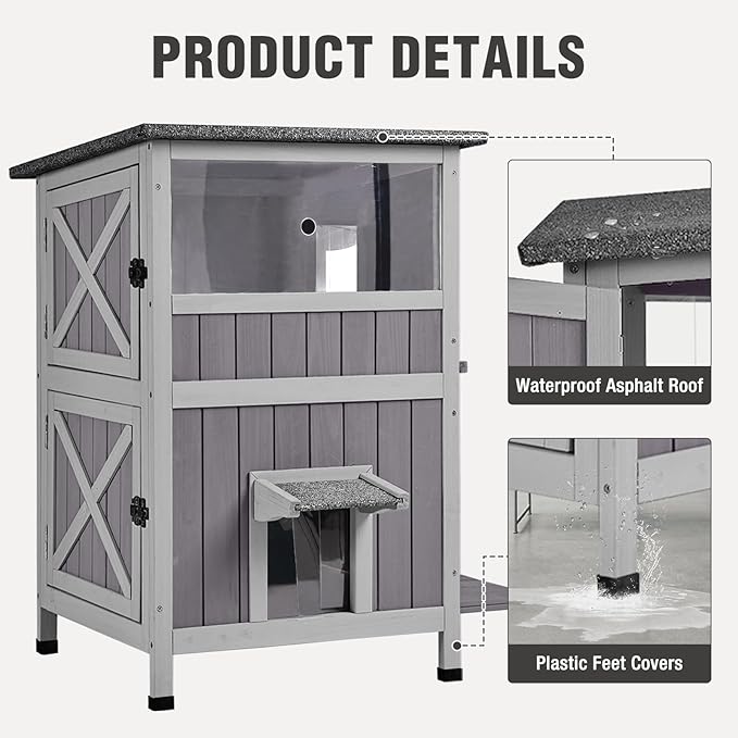 Outdoor Cat House Weatherproof, 2-Storys Feral Cat House with 2 Escape Doors and Window, Stray Cat Shelter with 2 Large Side Doors and Removable Floor