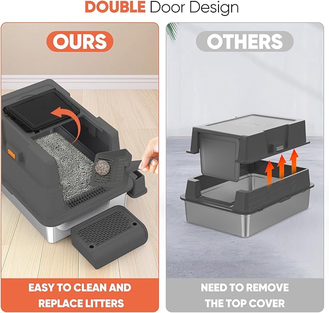 ELEGX XXL Extra Large 28" L×20" W Odor-Control Stainless Steel Cat Litter Box, 4-in-1 Cat Metal Litter Box Set,Enclosed Removable Metal Litter Box with High Sided Enclosure,Mat & Scoop