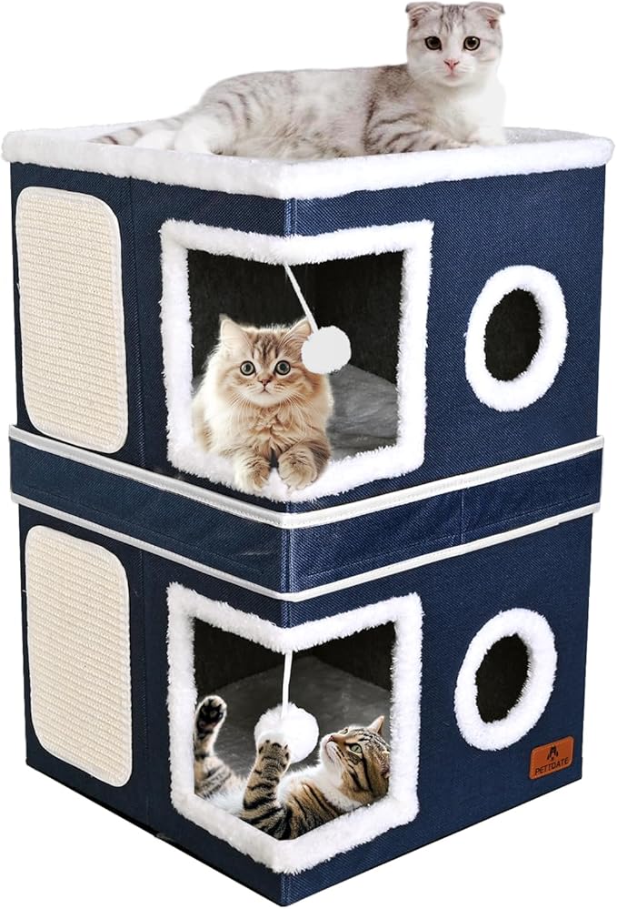 2-Story Cat House for Indoor Cats, Dual-Purpose Cat Cave Bed with Scratch Pad and Fluffy Ball, Foldable Cat Hideaway, Cute Cat Condo Furniture for Multi Small Pet Kitten, Blue