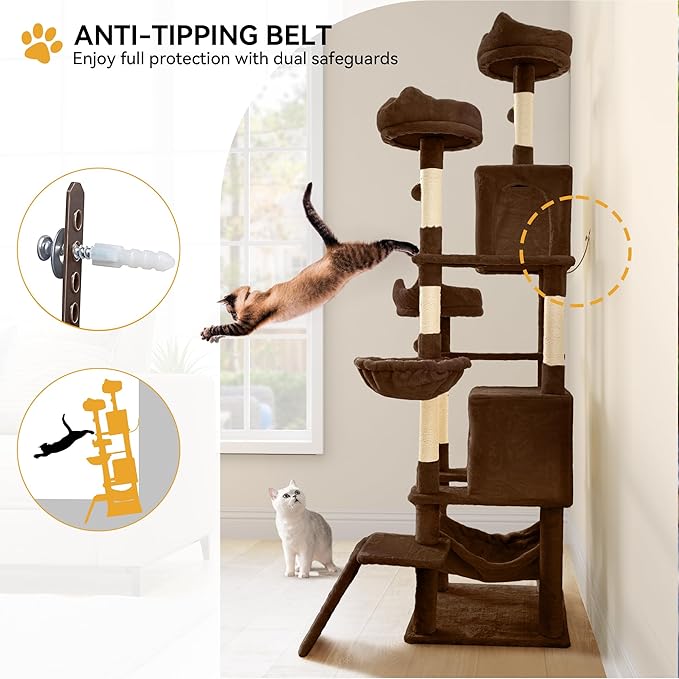 YITAHOME Tall Cat Tree for Indoor Cats, 75 inch Multi-Level Cat Tower with Cat Condos, Top Perches, Sisal Ramp Scratching Posts, Cozy Basket, Hammocks, Large Cat Pet Activity Structure, Brown