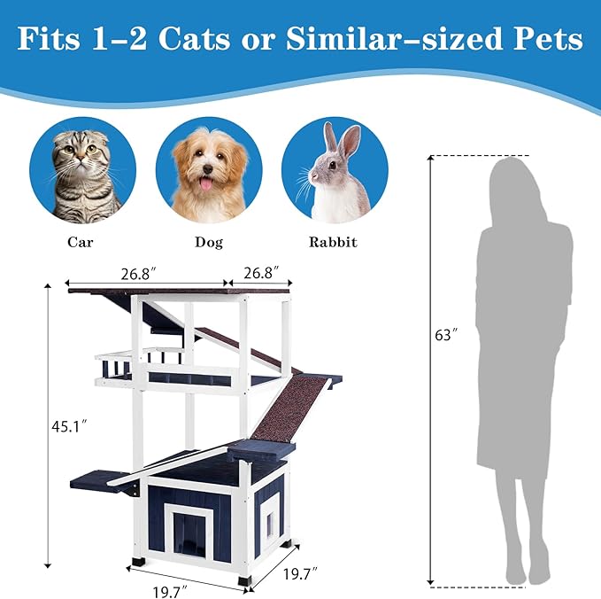 4 Tiers Cat House for Outdoor Cats, Outdoor Cat House Weatherproof 45.1" H Feral Cat Shelter Outside Enclosure Multi-Level Play Zones 2 Escape Doors, 2 Removable Floors for Multiple Cats