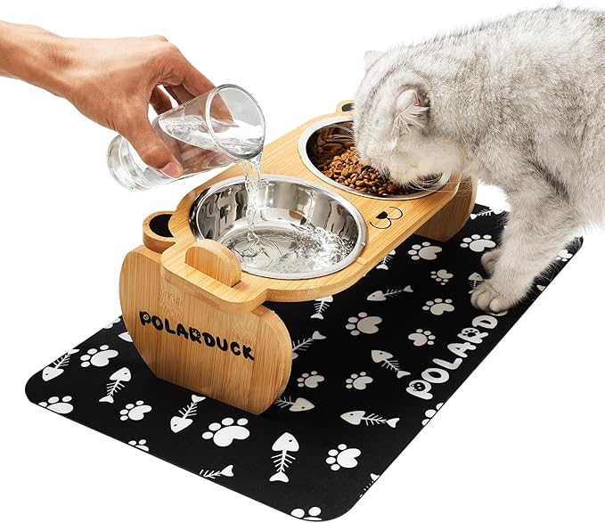 Tilted Elevated Cat Food Bowls Set: Raised Pet Dishes for Cats & Puppy with 15°Tilted Bamboo Stand, Stainless Steel Food & Water Bowl and Pet Feeding Mat | Anti Vomiting (2 Bowls | Red Panda)
