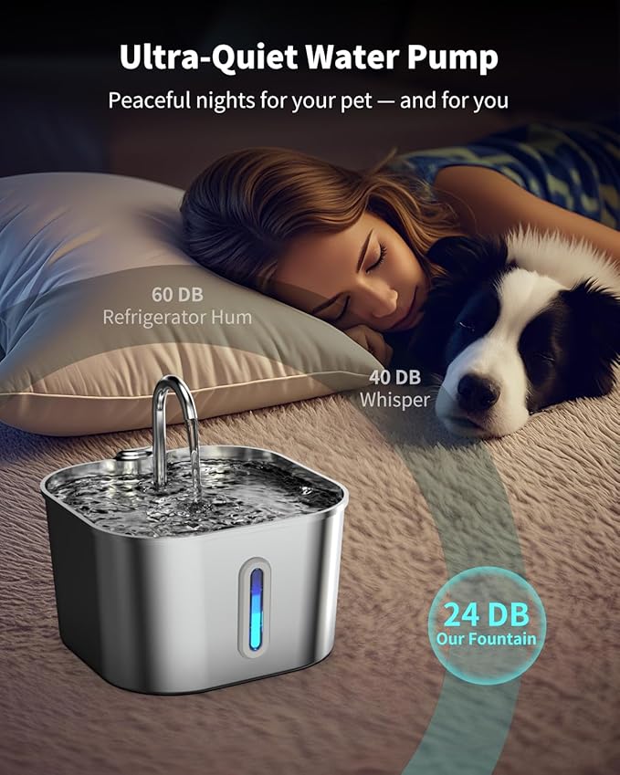 Cat Water Fountain Stainless Steel, 74oz/2.2L Cat Fountain with Quiet Pump, Automatic Pet Water Dispenser, Ideal for Multi-pet Homes, Fresh & Clean Water for Cats and Dogs