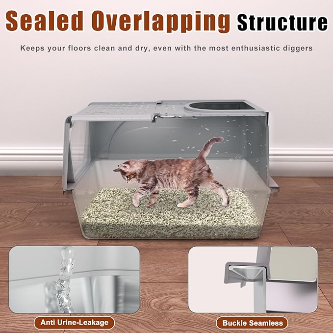 Stainless Steel Cat Litter Box with Lid, 180° Flip Top XL Enclosed Litter Box with Trapping Mat & Metal Scoop, Front Top Dual Entry Steel Extra Large Cat Litter Pan