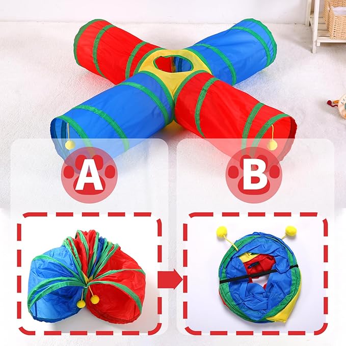 Coolcandy Cat Tunnel & Interactive Cat Toy Indoor, 4 Way Tunnel Toys for Indoor Cats, Collapsible Interactive Peekaboo Cave with Play Ball, for Multi-Way Play & Small Animals
