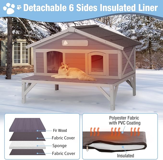Insulated Outdoor Cat House with Balcony Weatherproof Kitty Shelter with Insulated Liner Large Feral Cat Shelter with Escape Door