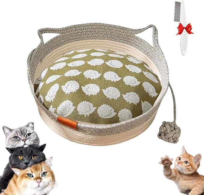 Stimulicat Cat Bed, Stimulicat Handwoven Cat Basket, Foldable Round Cotton Rope Cats Beds with Toy Tail and Built-in Scratching Pad, Scratch Resistance Easy to Clean (Gray+Cushion, Small)