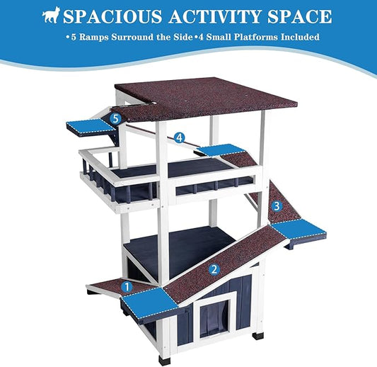 4 Tiers Cat House for Outdoor Cats, Outdoor Cat House Weatherproof 45.1" H Feral Cat Shelter Outside Enclosure Multi-Level Play Zones 2 Escape Doors, 2 Removable Floors for Multiple Cats